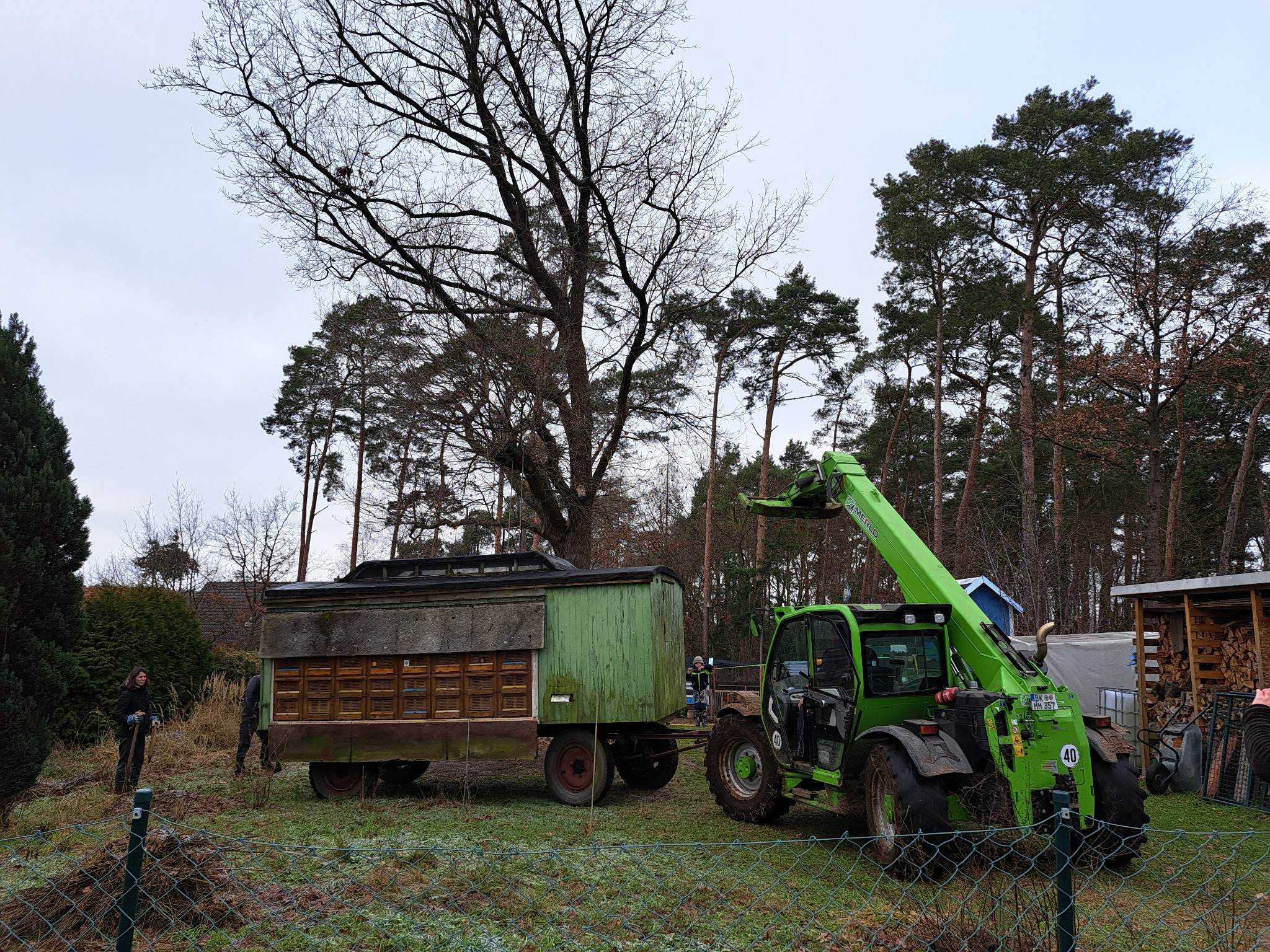 Der grüne Bienenwagen bei der Abholung im Winter