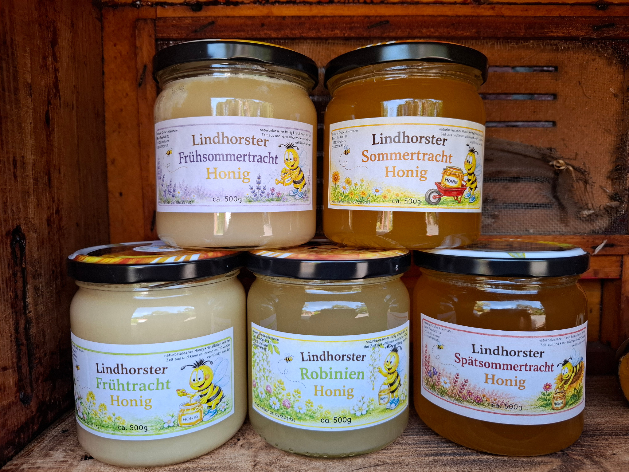 Fünf Gläser unserer Lindhorster Honigsorten: Frühtracht, Frühsommertracht, Sommertracht, Spätsommertracht und Robinie