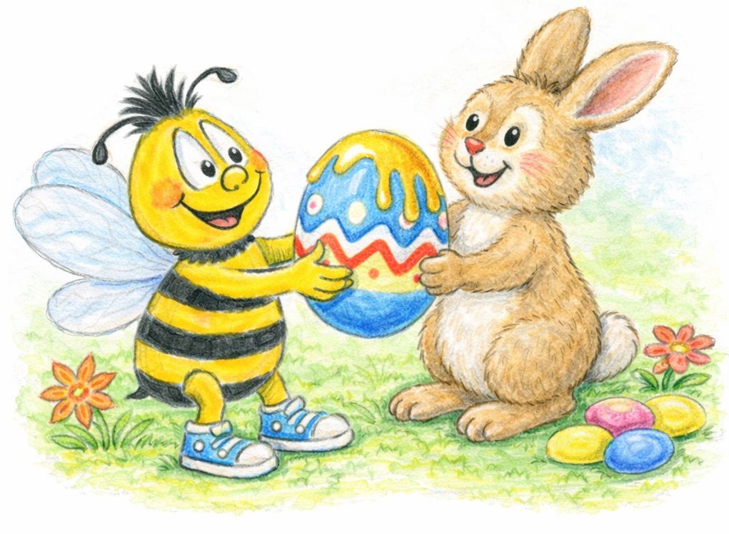 Kleine illustrierte Biene und Osterhase mit bunt bemaltem Ei