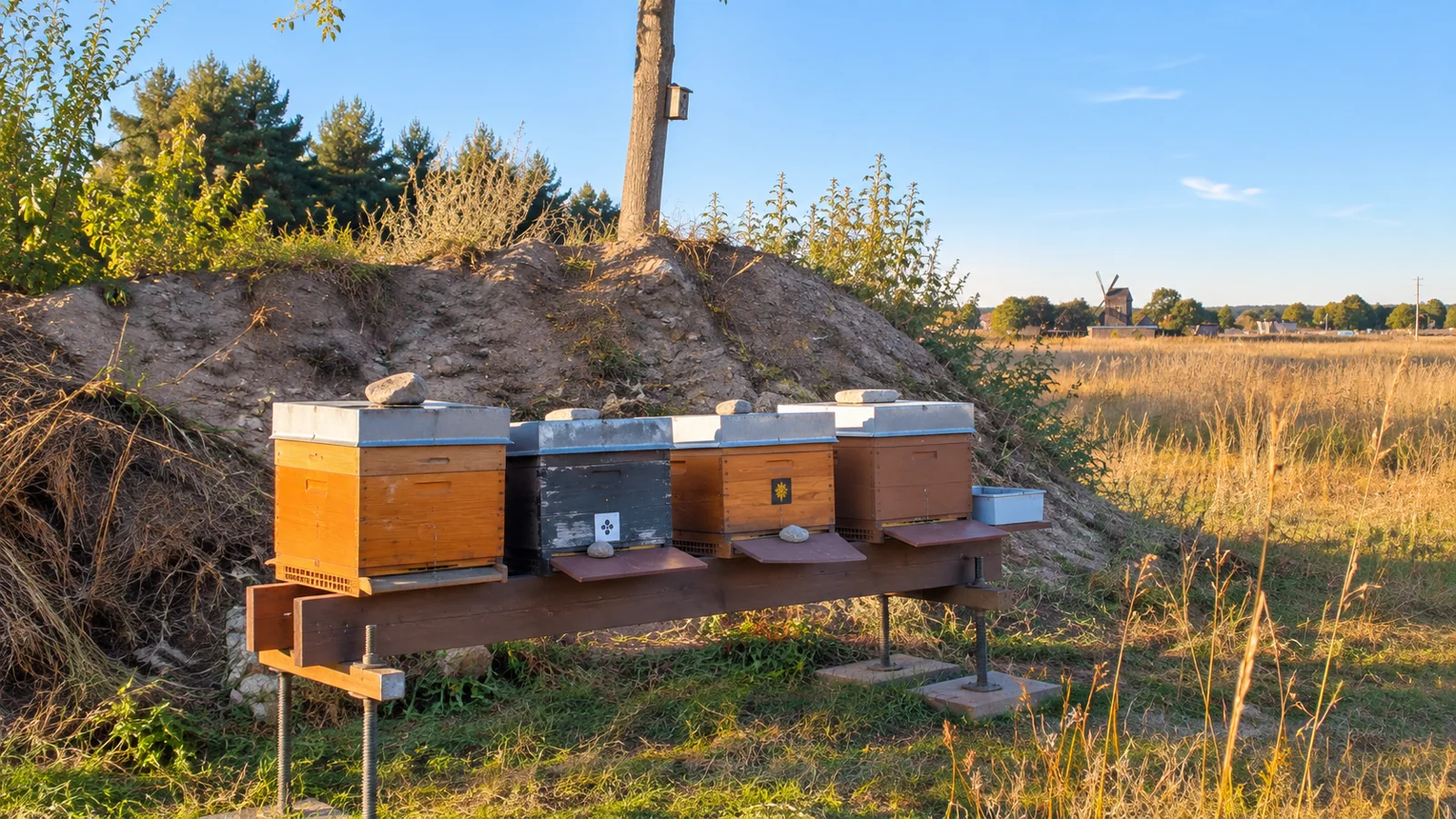 Vier Bienenbeuten an einem weiteren Standort in Lindhorst, mit der Mühle im Hintergrund