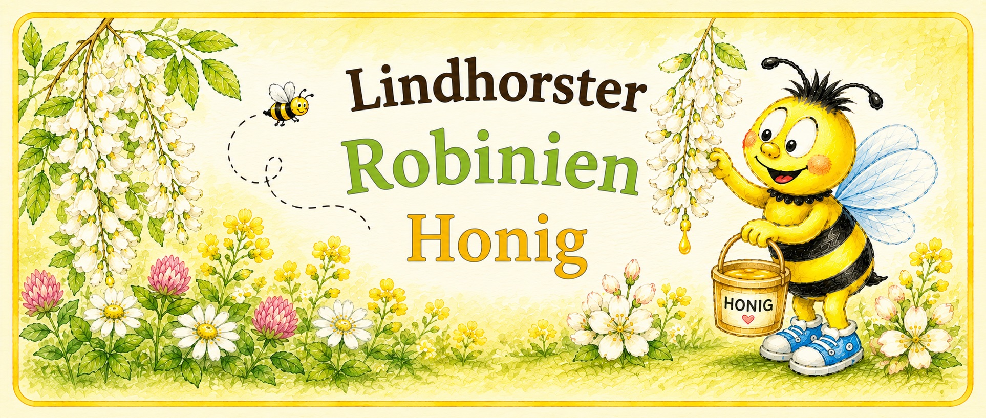 Etikett des Lindhorster Robinienhonigs mit Biene und Robinienblüten