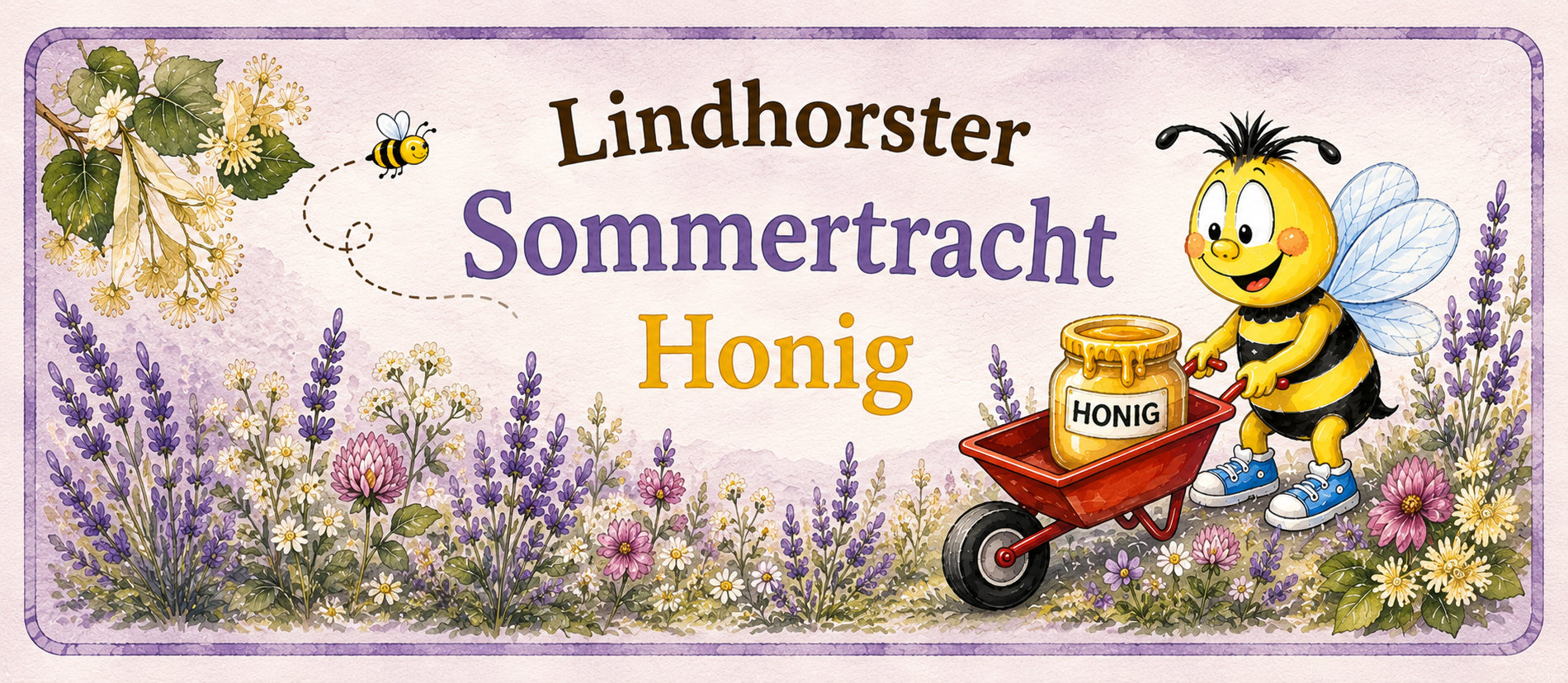 Etikett der Lindhorster Sommertracht mit Biene, Linde und Lavendel