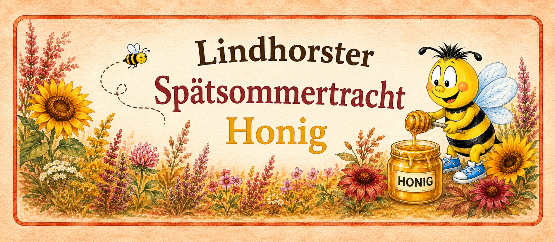 Etikett der Lindhorster Spätsommertracht mit Biene und Sonnenblumen